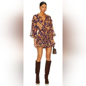 MISA Los Angeles Elena Dress Blue Floral Ruffle Embellishment 3/4 Sleeve XS NWT